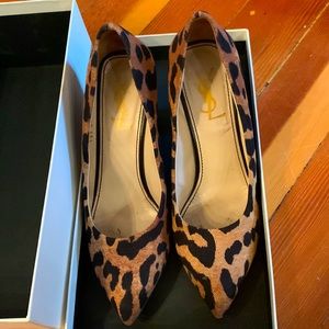 Leopard print YSL stacked heel pumps